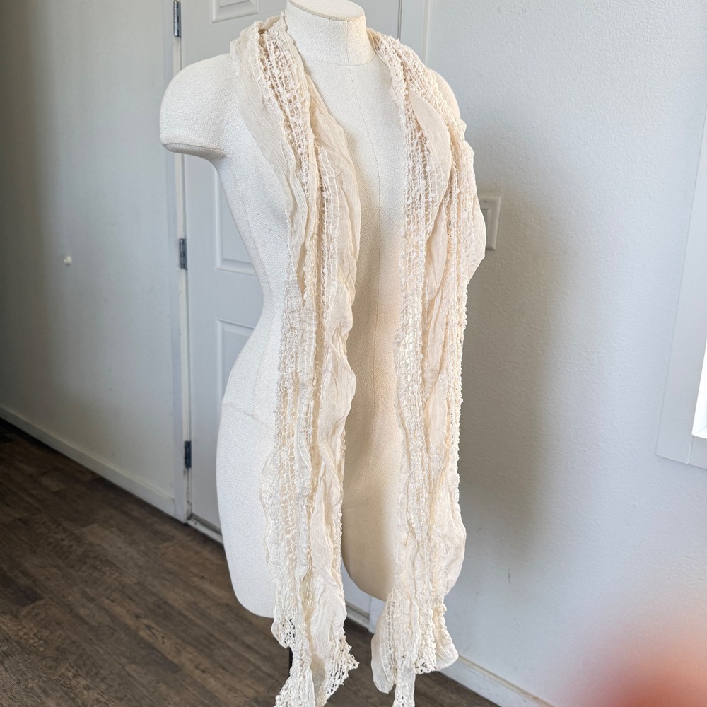 Womens Cream Boho Crochet Lace Textured Long Scarf Wrap Ivory Ethereal chic